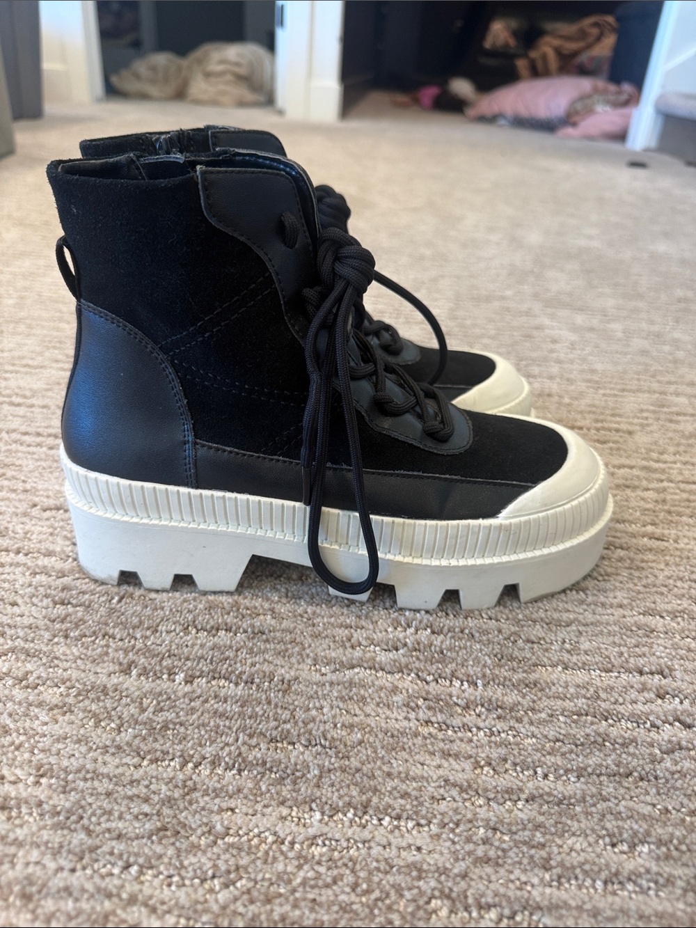 Gianni Bini Black Lace-Up Platform Ankle Boots with White Lug Sole